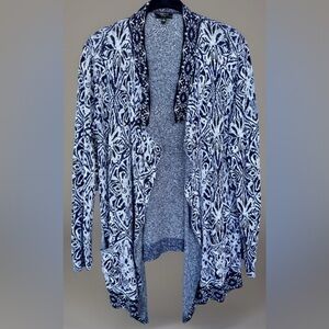 Cupio‎ Open Front Waterfall Rayon Cardigan Gray/White/Blue/Black Damask Large